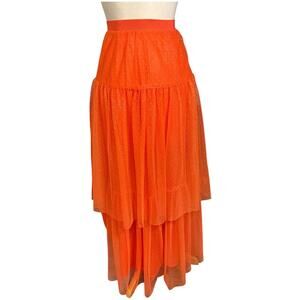 Anthropologie Orange Tiered Maxi Skirt Size Small Pull-On Mesh Overlay Boho Flow